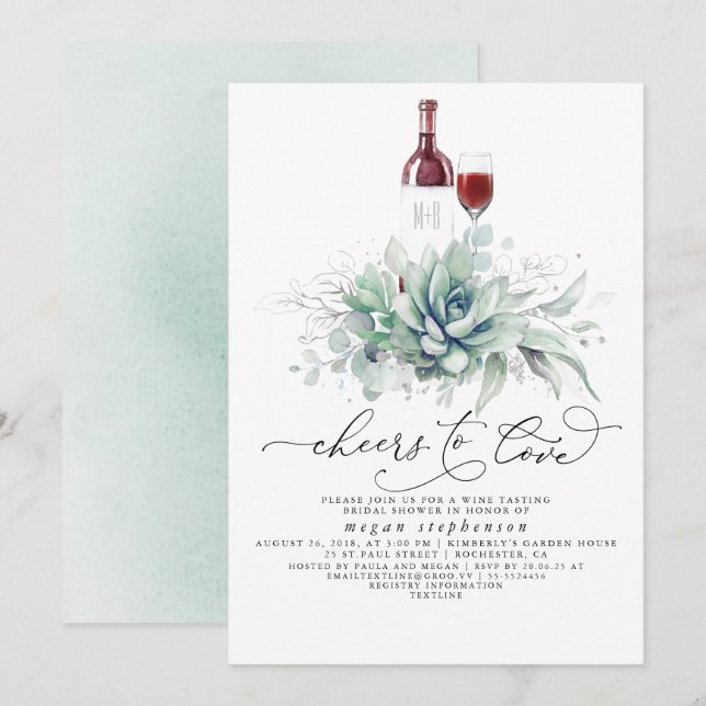 Succulents Greenery Wine Tasting Bridal Shower Inv Invitation (Front/Back)