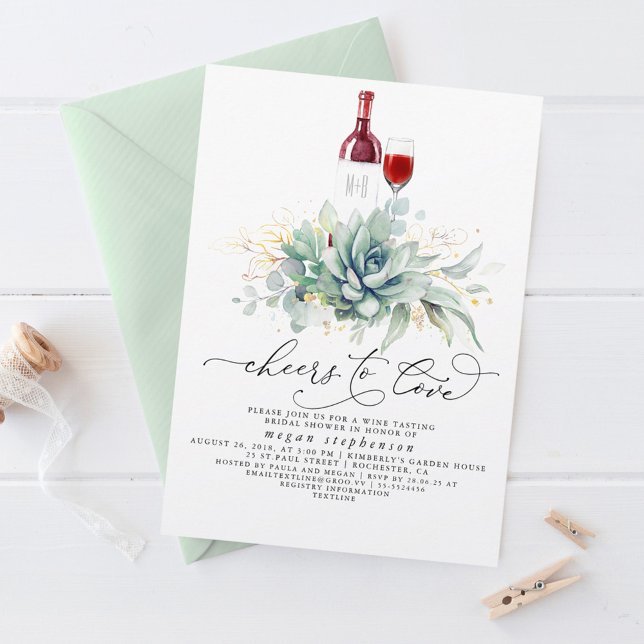 Succulents Greenery Wine Tasting Bridal Shower Invitation (Cheers to Love Wine Tasting Greenery Bridal Shower Invitations)
