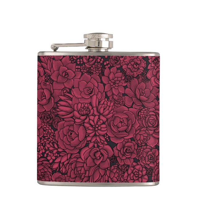 Succulents in Viva Magenta- Colour of the Year 202 Hip Flask (Front)