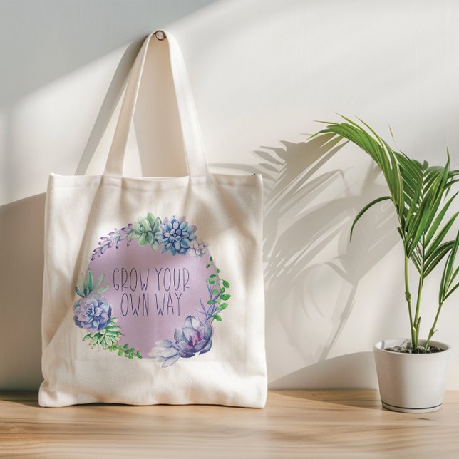Succulents Keep Growing Aqua Green and Purple Tote Bag (Two pastel floral designs with positive affirmations make a cheery tote bag for daily use.)