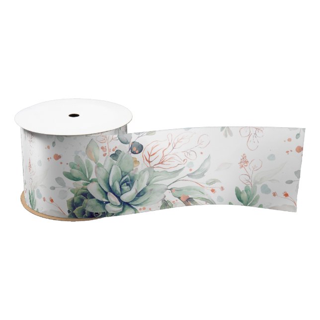 Succulents Leaves Greenery Elegant Botanical Satin Ribbon (Spool)