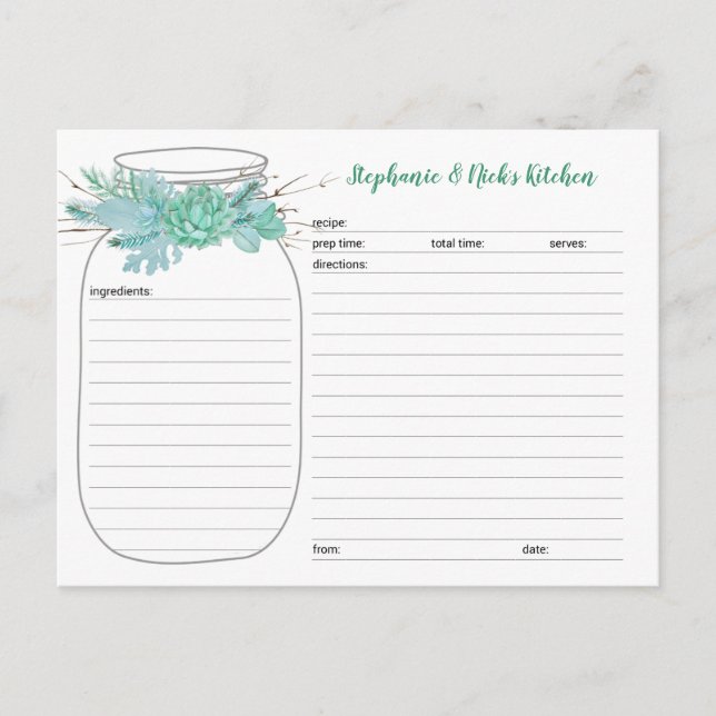 Succulents Mason Jar Bridal Shower Recipe Cards (Front)
