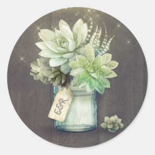 Succulents Mason Jar Rustic Wedding Initials Classic Round Sticker