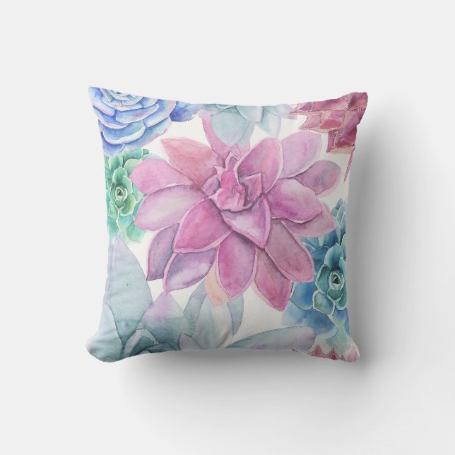 Succulents Modern Chic Fiesta Garden Floral White Cushion (Front)
