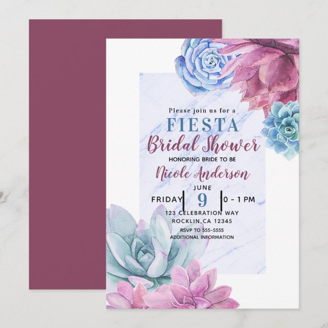 Succulents Modern Chic Marble Bridal Shower Fiesta Invitation (Front/Back)
