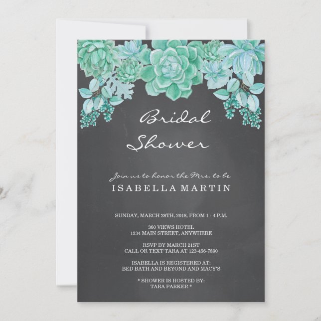 Succulents on Chalkboard Bridal Shower Invitation (Front)