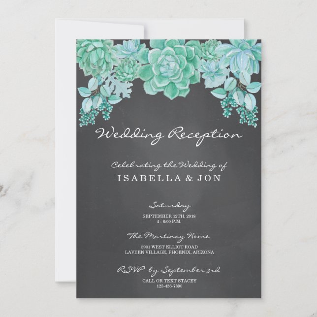 Succulents on Chalkboard Wedding Reception Only Invitation (Front)