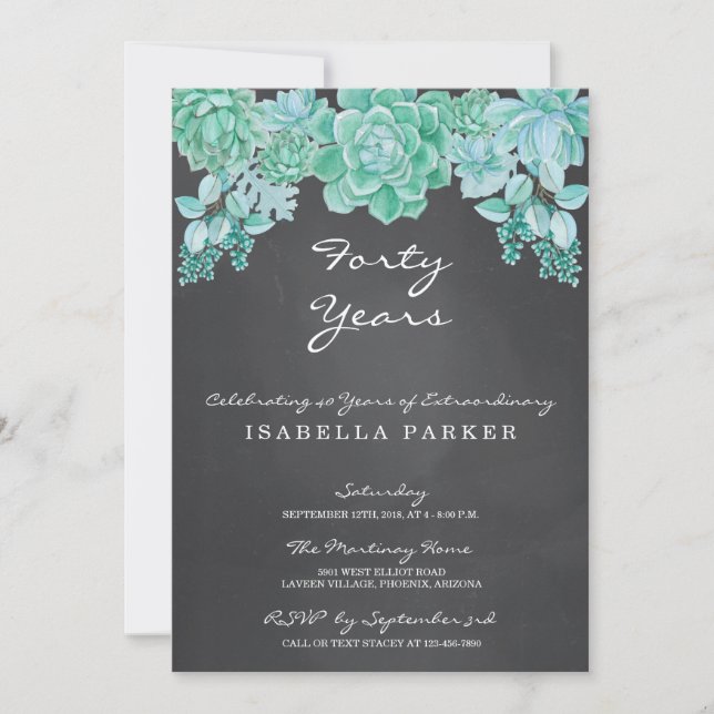 Succulents on Chalkboard Woman's Birthday Invite (Front)