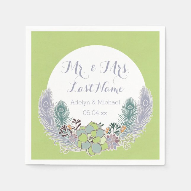 Succulents Peacock Feathers Wedding Paper Napkins (Front)