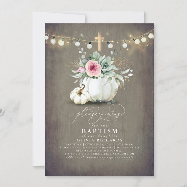 Succulents Pumpkins Gold Cross Fall Pink Baptism Invitation (Front)