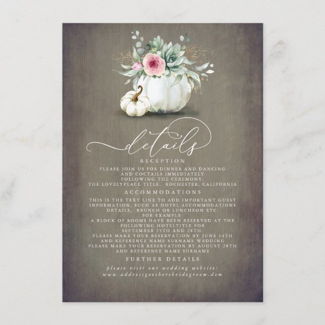 Succulents Pumpkins Gold Leaves Wedding Details Enclosure Card (Front)