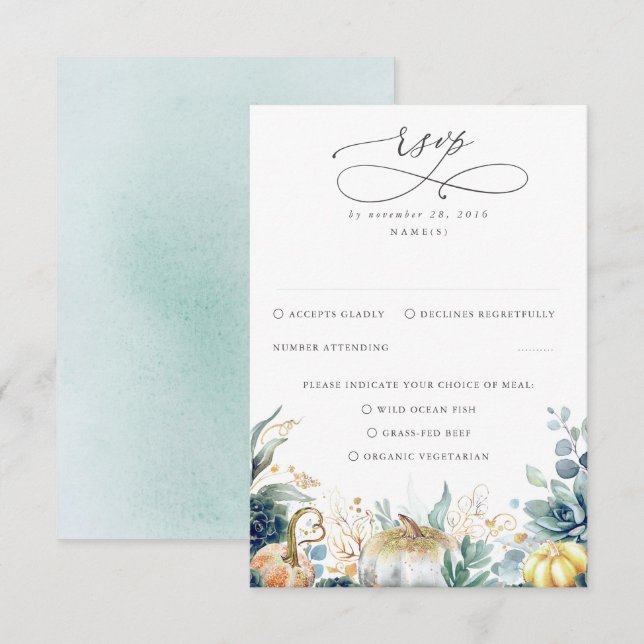 Succulents Pumpkins Greenery and Gold Wedding RSVP Card (Front/Back)