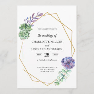 Succulents purple wedding invitation gold elegant