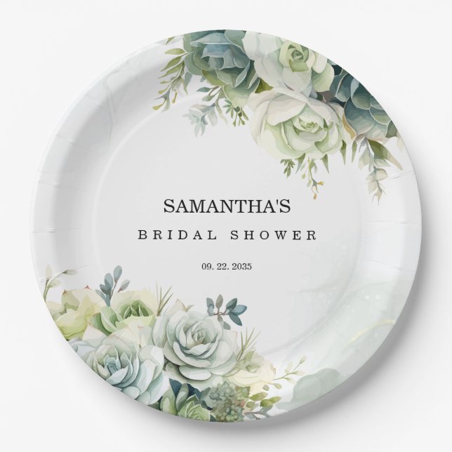 Succulents, roses and greenery Bridal Shower Paper Plate (Front)