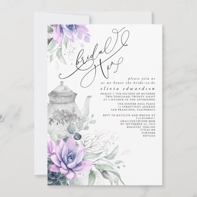 Succulents Silver Greenery Bridal Shower Tea Party Invitation (Front)
