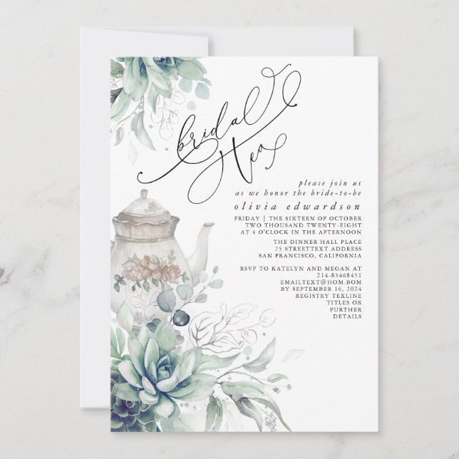 Succulents Silver Greenery Bridal Shower Tea Party Invitation (Front)