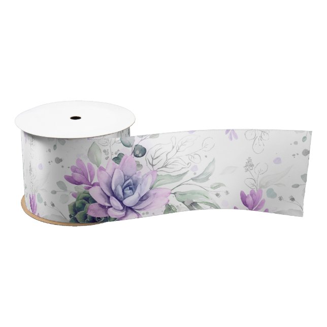Succulents Silver Greenery Elegant Botanical Satin Ribbon (Spool)