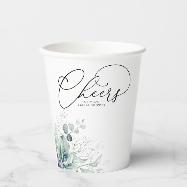 Succulents Silver Greenery Leaves Elegant Modern Paper Cups (Front)
