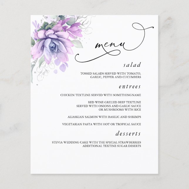 Succulents Silver Greenery Wedding Menu (Front)
