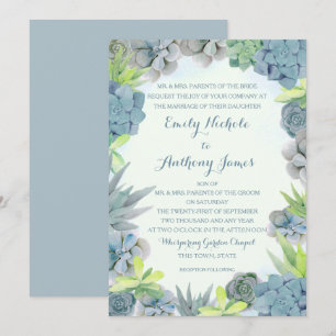 Succulents Smokey Blue Wedding Watercolor Invitation