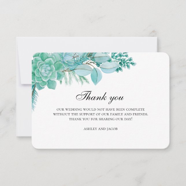 Succulents thank you. Mint wedding note. Botanical You Card (Front)