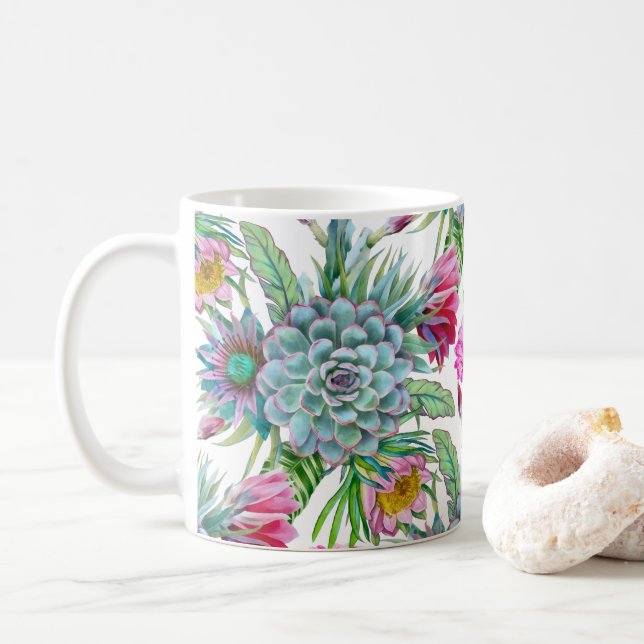 Succulents Tropical Garden Coffee Mug (With Donut)