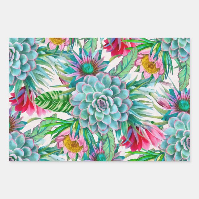 Succulents Tropical Garden Wrapping Paper Sheet (Front)