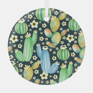 Succulents Watercolor Cactus Floral Pattern Glass Tree Decoration