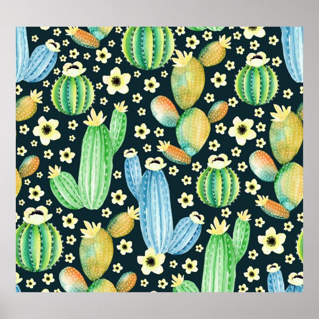 Succulents Watercolor Cactus Floral Pattern Poster (Front)