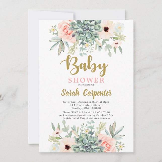 Succulents watercolor floral Baby Shower Invitation (Front)