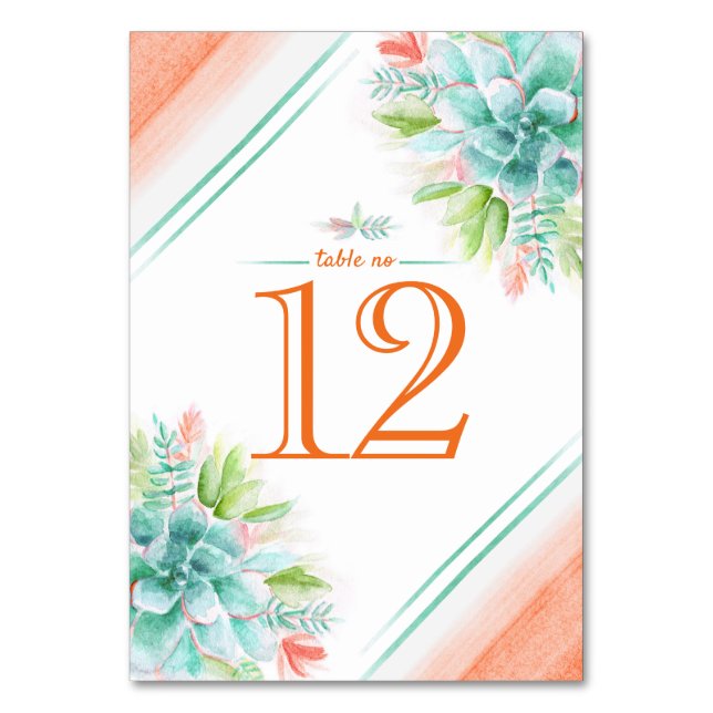Succulents watercolor green orange table numbers (Front)