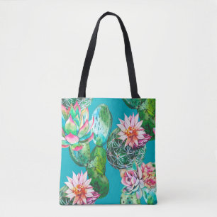 Succulents watercolor illustration pattern tote bag