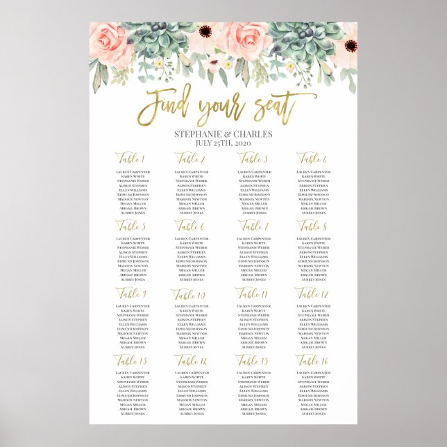 Succulents watercolor Wedding Seating Chart (Front)