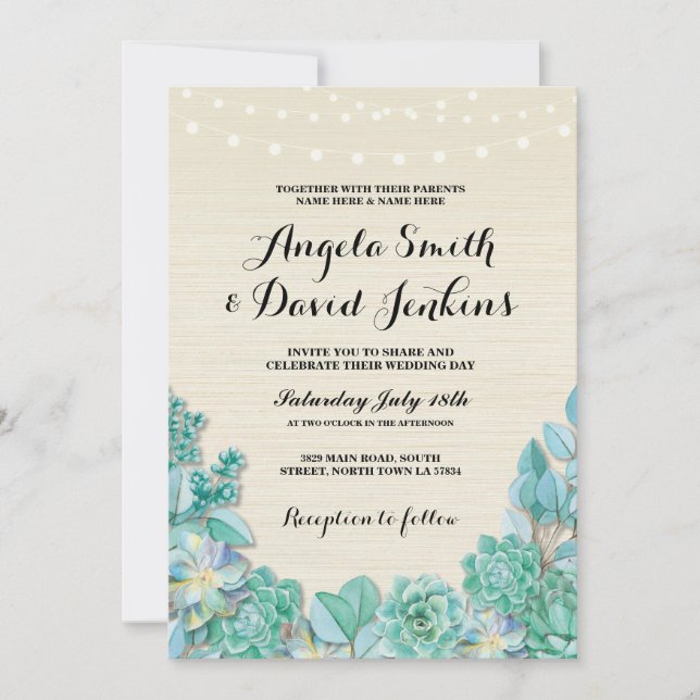Succulents Wedding Invitations Mint Rustic Lights (Front)