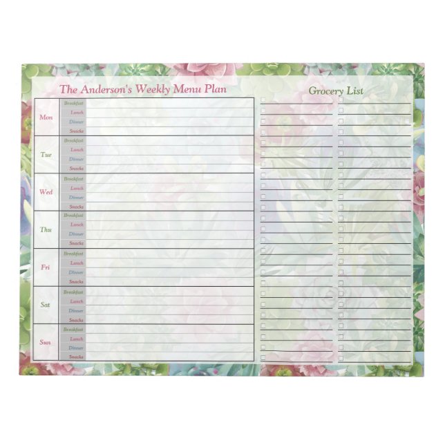 Succulents Weekly Personalised Menu Plan Notepad (Front)