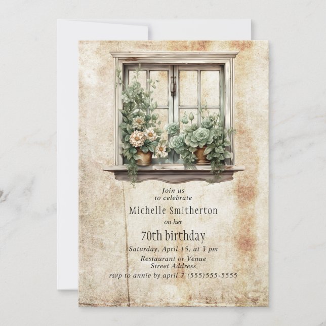 Succulents Window Garden Rustic 70th Birthday Invitation (Front)