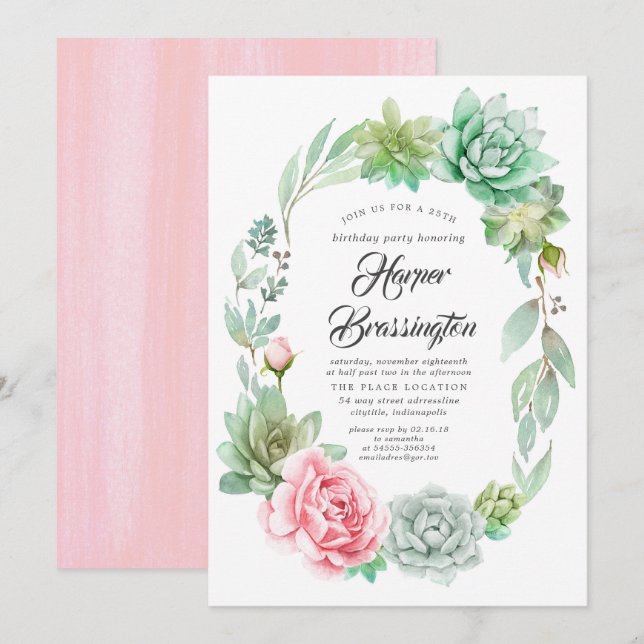 Succulents Wreath Floral Pink Cute Birthday Invitation (Front/Back)