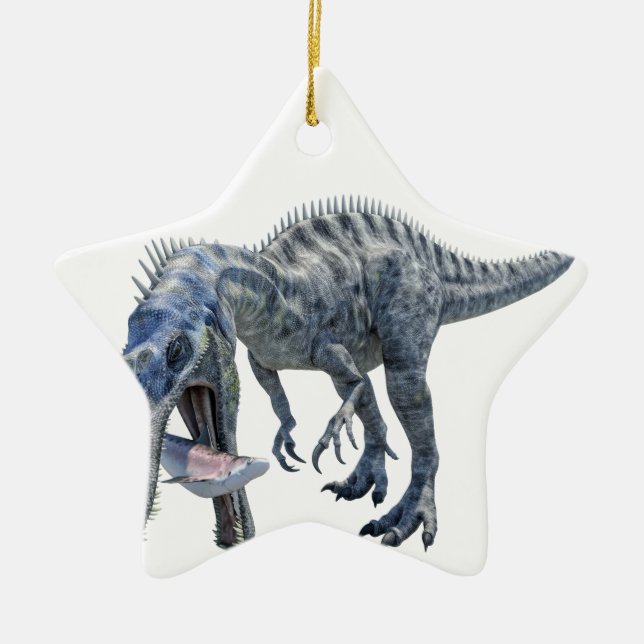 Suchomimus Dinosaur Eating a Shark Ceramic Tree Decoration (Front)