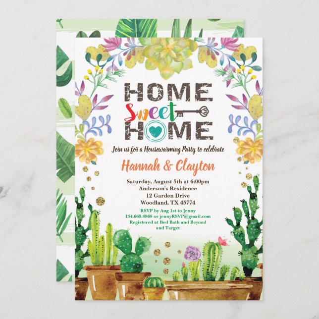 Suculent housewarming party invitation Cactus (Front/Back)