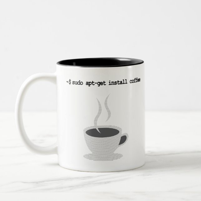 sudo apt-get install coffee Funny Linux Command Two-Tone Coffee Mug (Left)