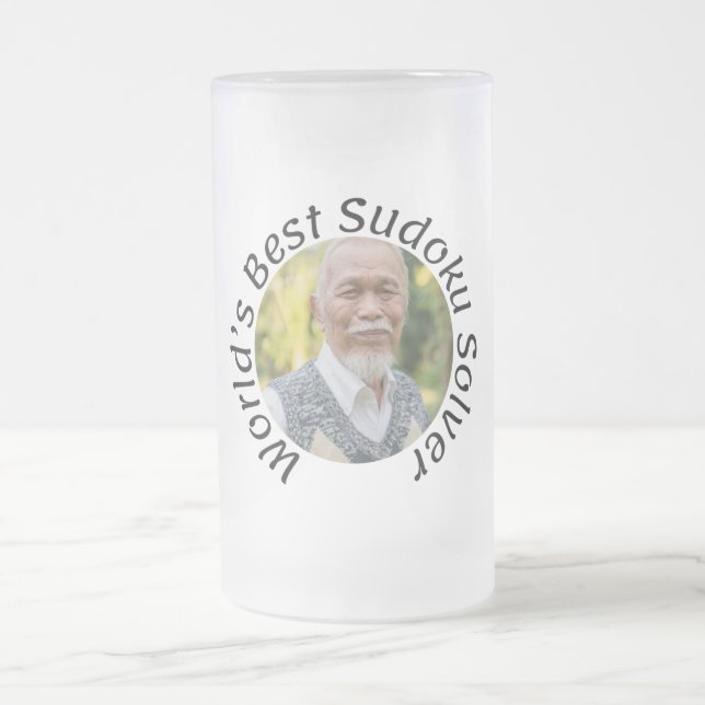 Sudoku Gift for Him: His Photo, His Title | Frosted Glass Beer Mug (Center)