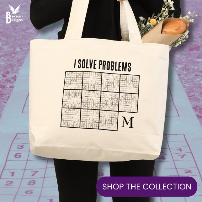 Sudoku Monogram Large Tote Bag (Monogram SUDOKU Tote Bag for Birthdays, Christmas, teacher appreciation, coworker gifts, client gift)