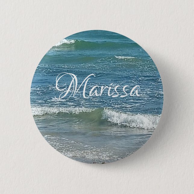 Sudsy Blue Atlantic Ocean Shore Custom Name 6 Cm Round Badge (Front)