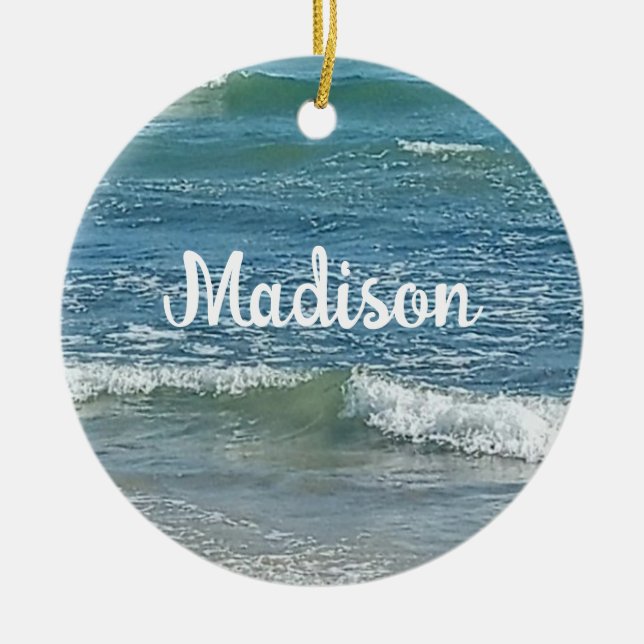 Sudsy Blue Atlantic Ocean Shore Custom Name Ceramic Tree Decoration (Front)