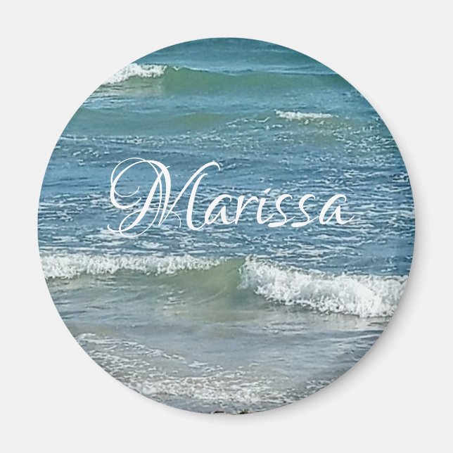 Sudsy Blue Atlantic Ocean Shore Custom Name Magnet (Front)