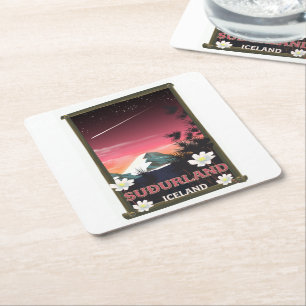 Suðurland Iceland travel poster Square Paper Coaster