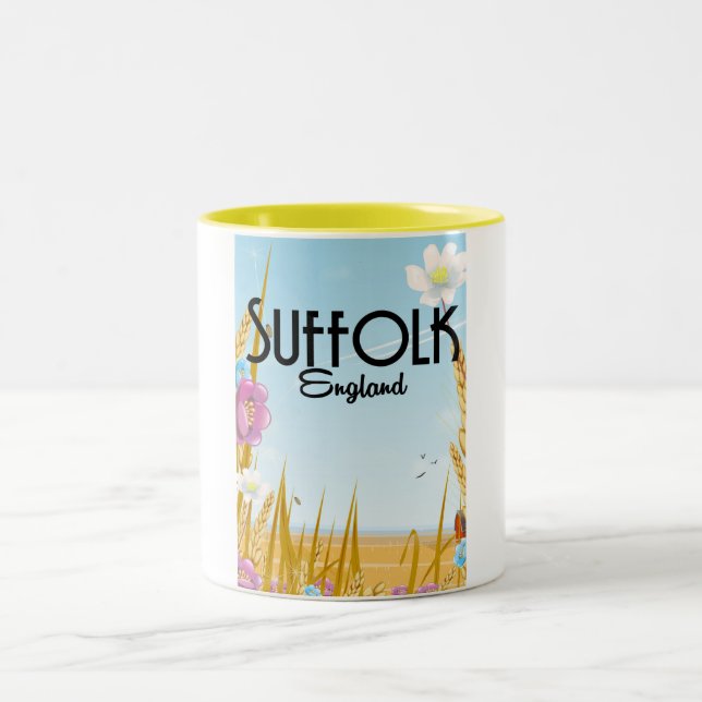 Suffolk England farmyard cartoon travel poster Two-Tone Coffee Mug (Center)