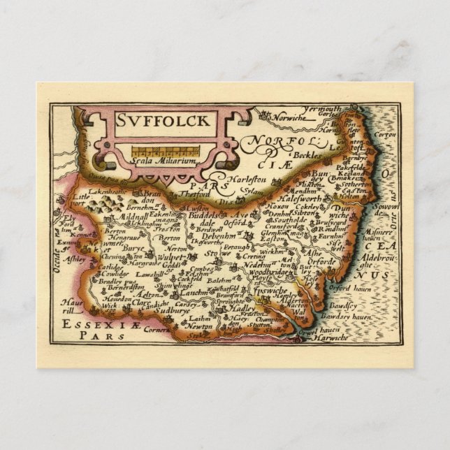 Suffolk (Suffolck) County England Antiquarian Map Postcard (Front)