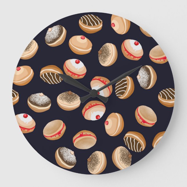 Sufganiyot Doughnuts: Hanukkah Vintage Pattern Large Clock (Front)