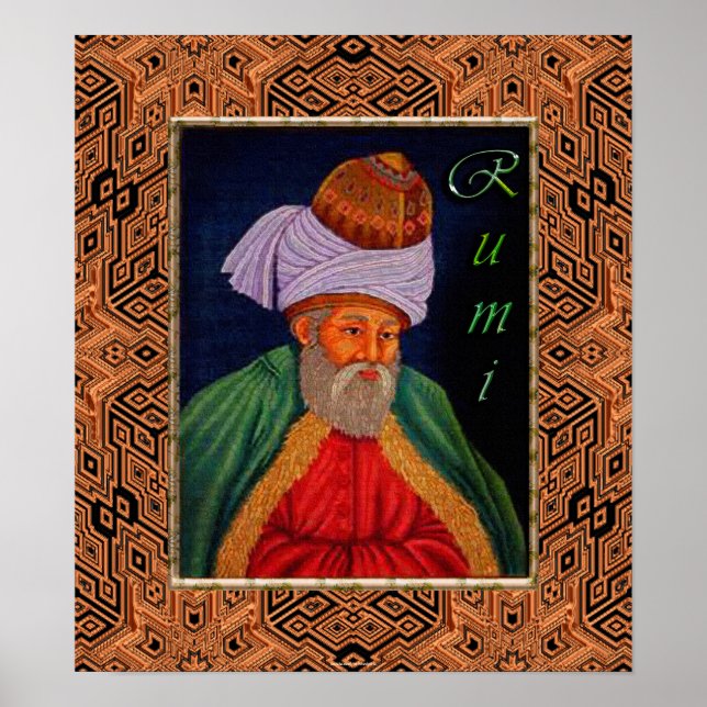 Sufi Mystic Portrait of Rumi on Geometric BG Poster (Front)